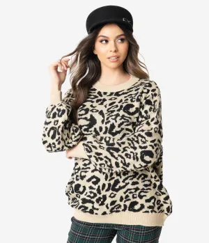 1970s Style Leopard Pattern Long Sleeve Knit Sweater