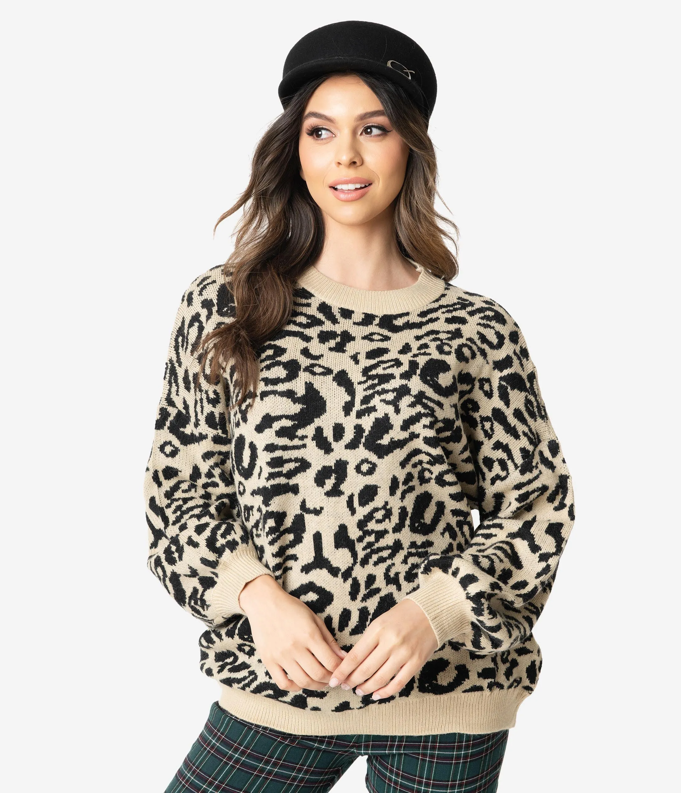 1970s Style Leopard Pattern Long Sleeve Knit Sweater