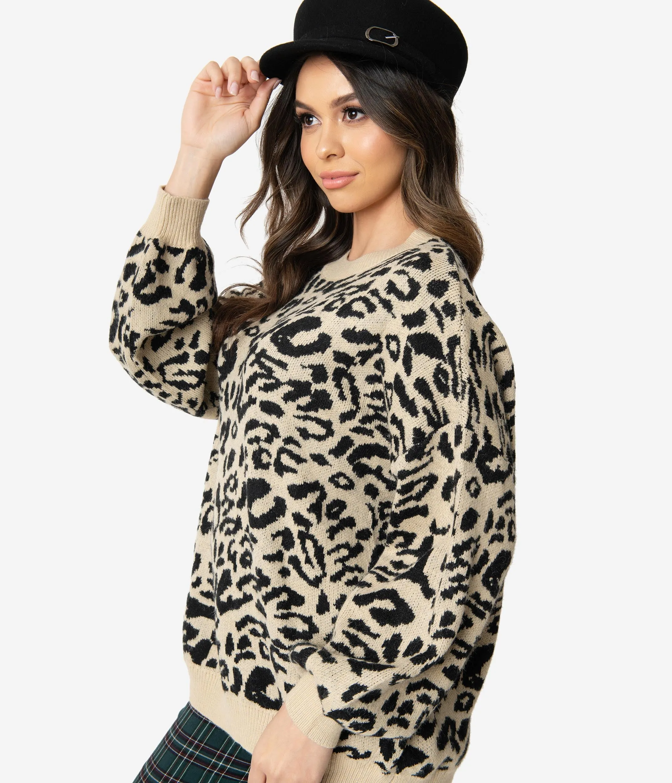 1970s Style Leopard Pattern Long Sleeve Knit Sweater