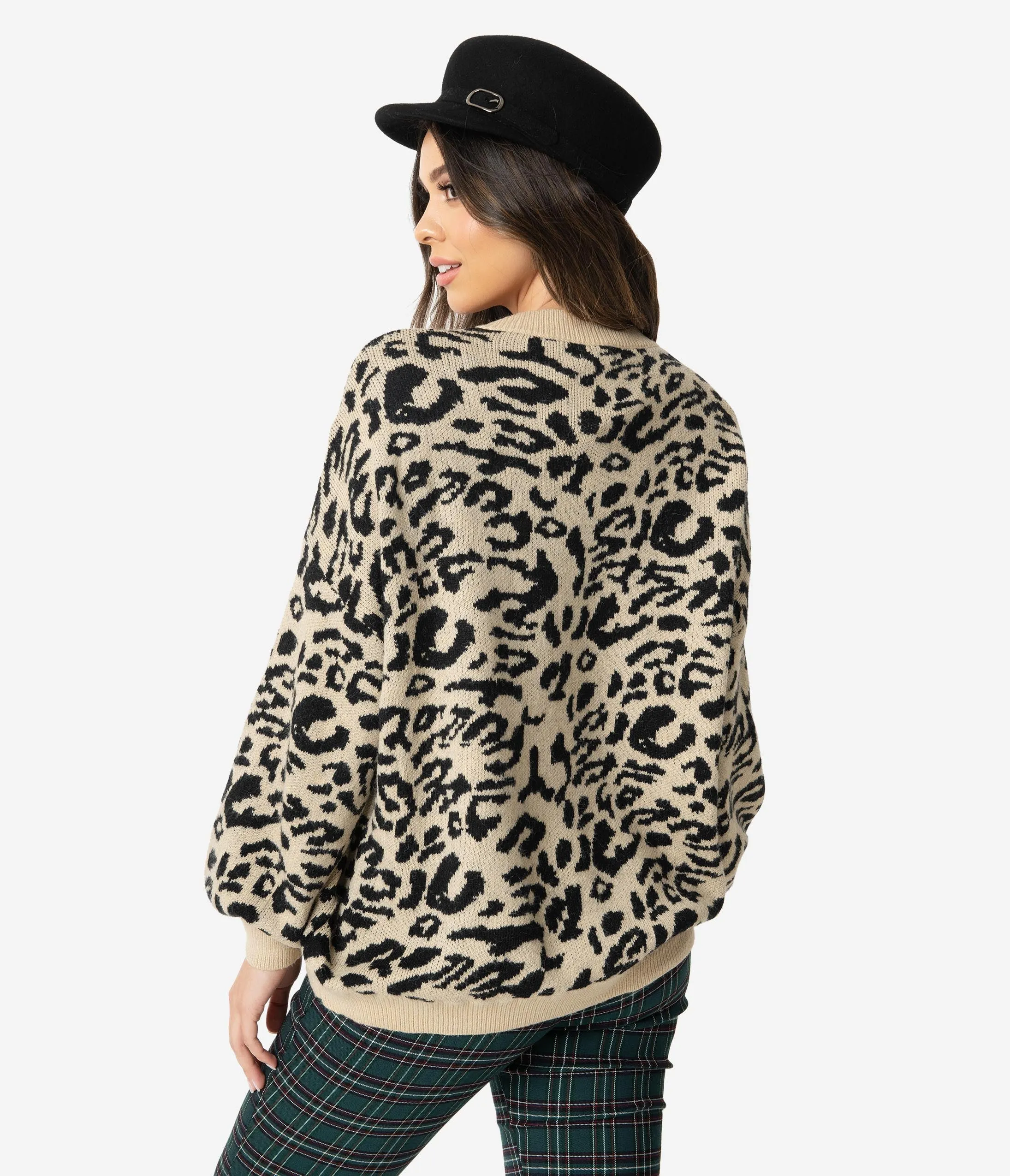 1970s Style Leopard Pattern Long Sleeve Knit Sweater