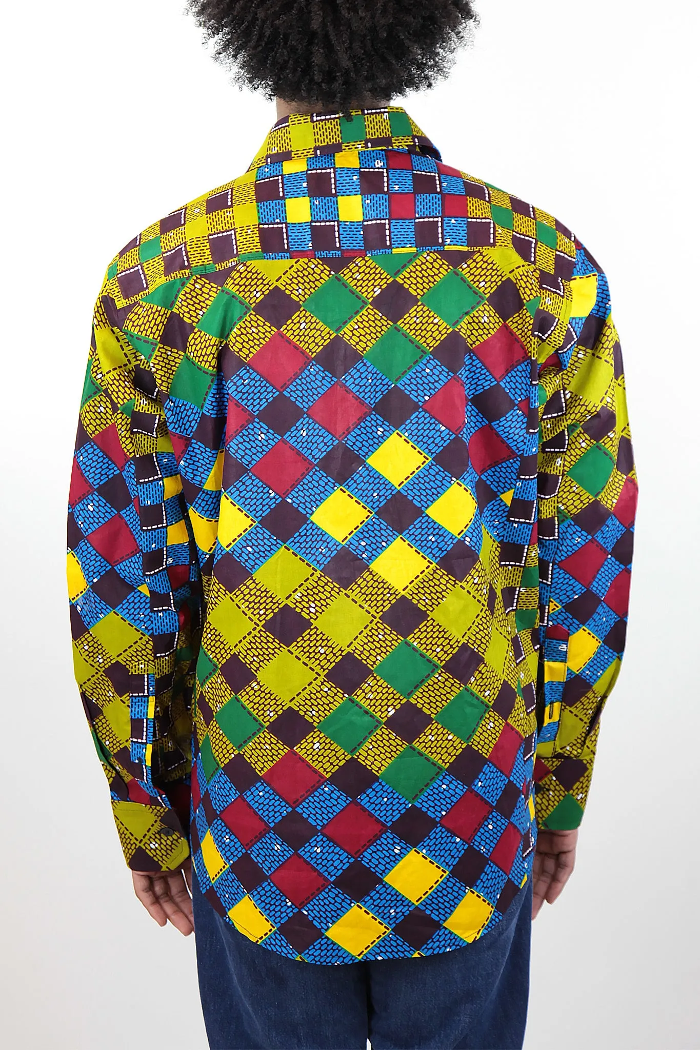 African Print Mens Shirt Button-Up Multicolor Checkered