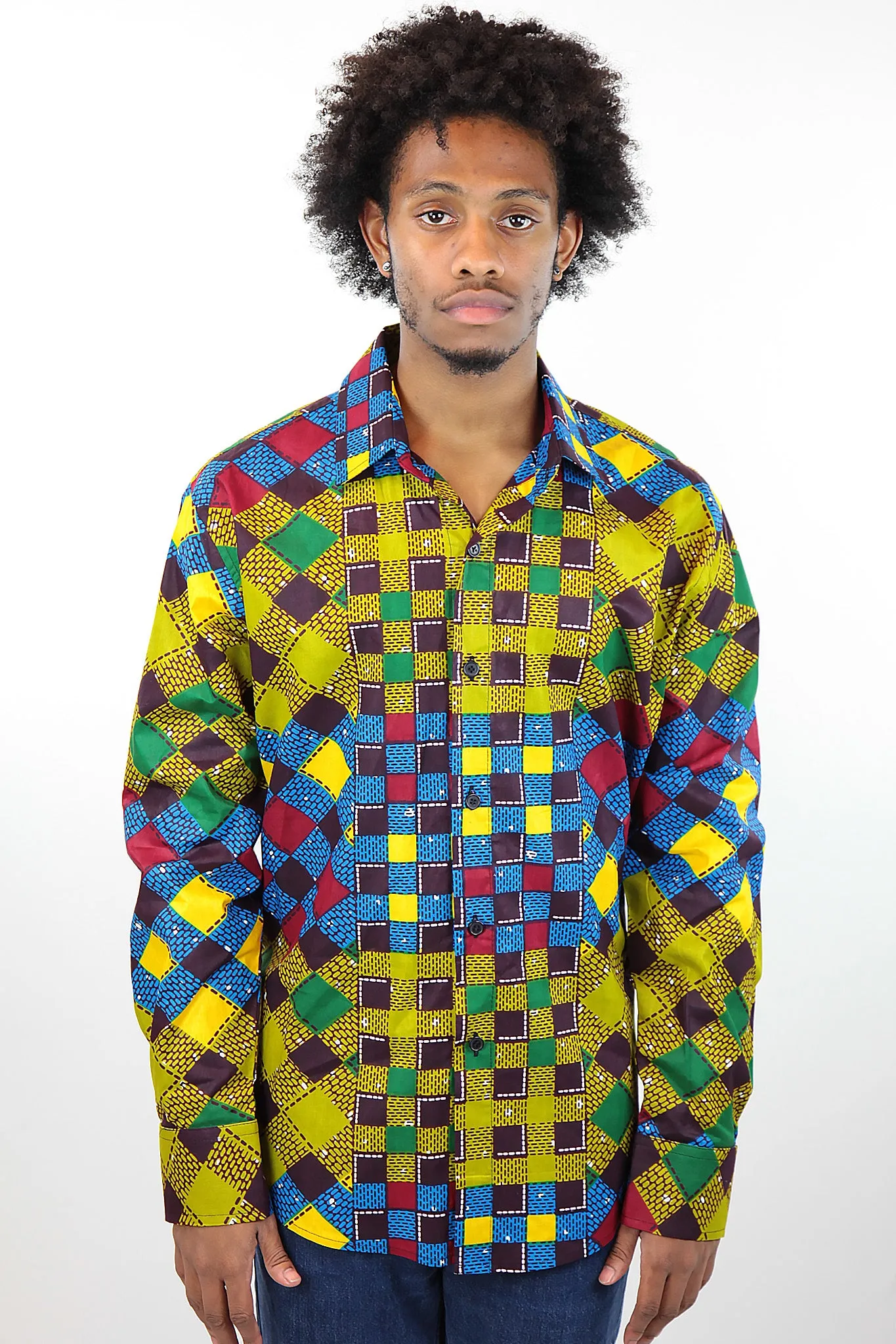 African Print Mens Shirt Button-Up Multicolor Checkered