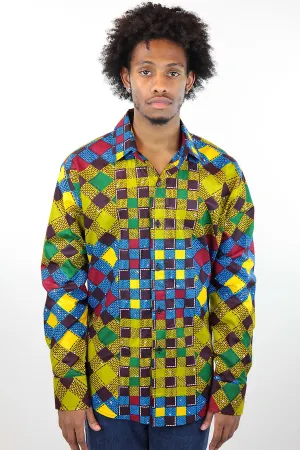 African Print Mens Shirt Button-Up Multicolor Checkered