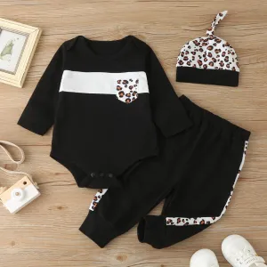 Baby Unisex Long Sleeve Leopard Printed Pocket Romper & Pants & Hat Baby Clothing Wholesale