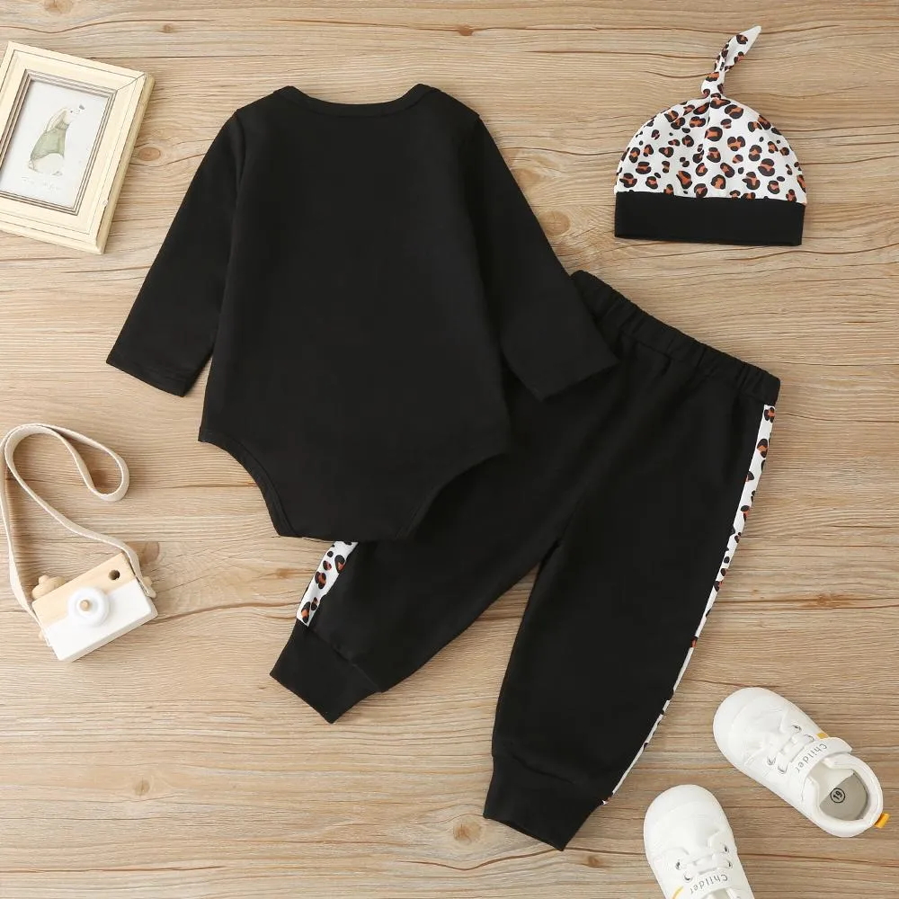 Baby Unisex Long Sleeve Leopard Printed Pocket Romper & Pants & Hat Baby Clothing Wholesale