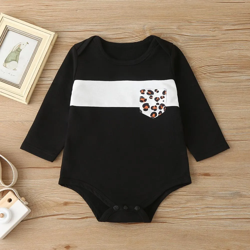 Baby Unisex Long Sleeve Leopard Printed Pocket Romper & Pants & Hat Baby Clothing Wholesale