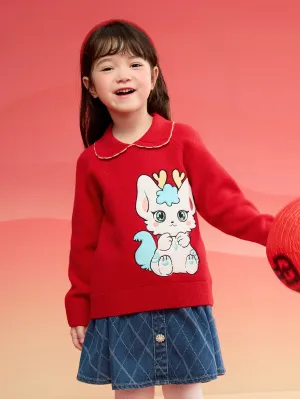 Balabala Girls Sweater 2024 New Winter Kids Knitwear Top New Year's Red Fashion Exquisite Trendy