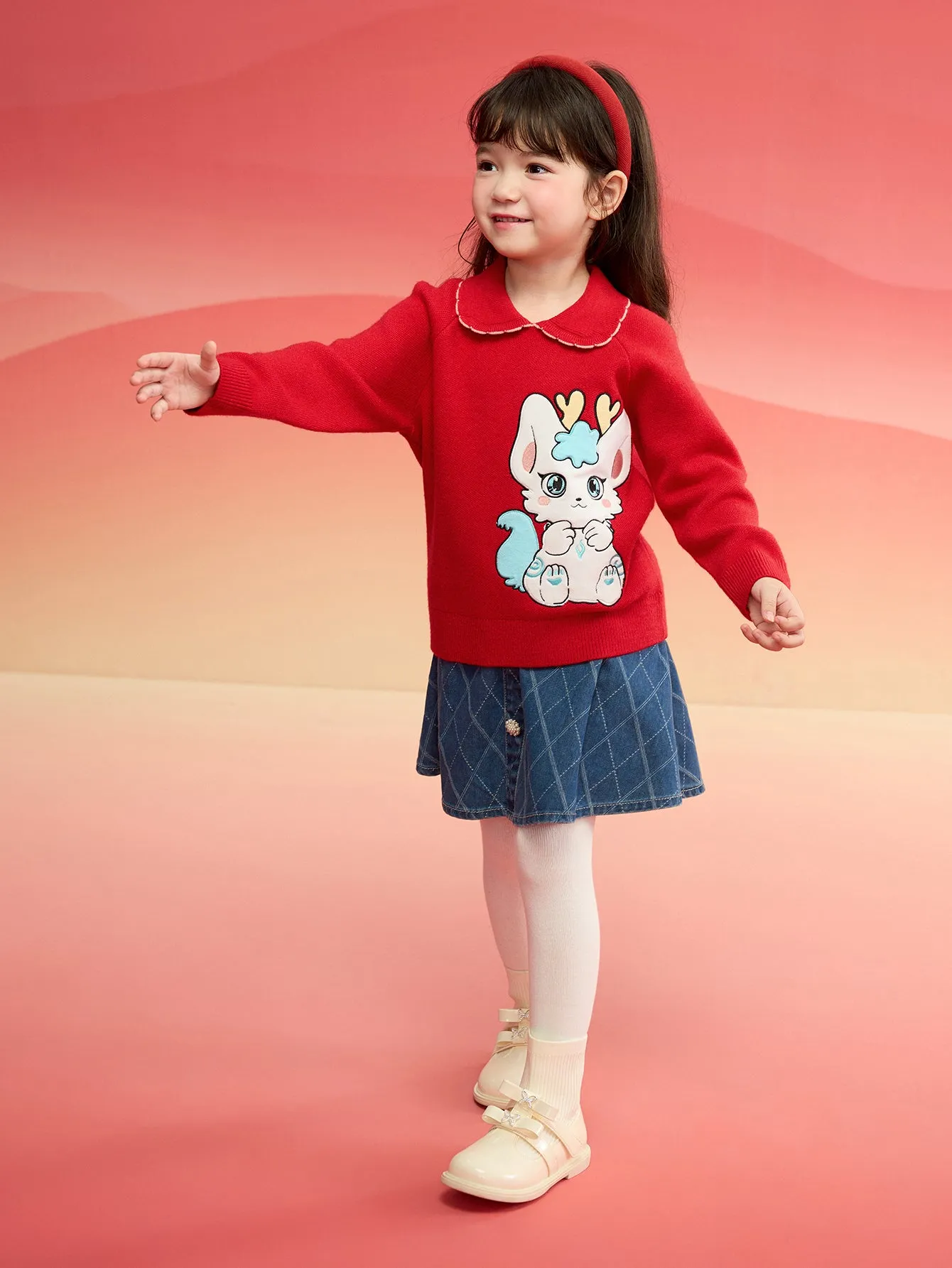 Balabala Girls Sweater 2024 New Winter Kids Knitwear Top New Year's Red Fashion Exquisite Trendy