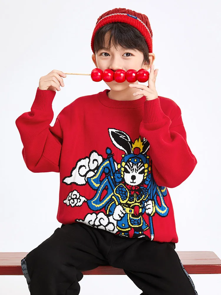 balabala Kids Boy 100% Cotton Red Rabbit Propitious Clouds Crew Neck Jumper 7-14 Years