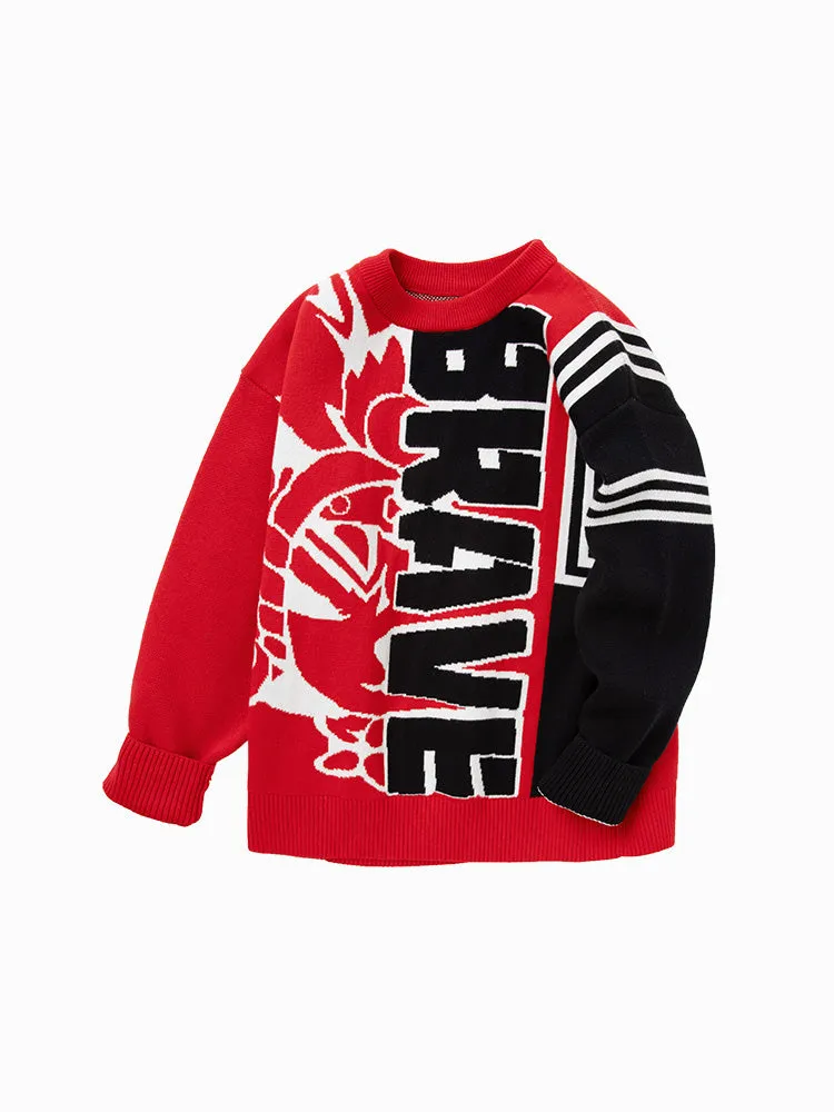 balabala Kids Boy 100% Cotton Red Rabbit Propitious Clouds Crew Neck Jumper 7-14 Years