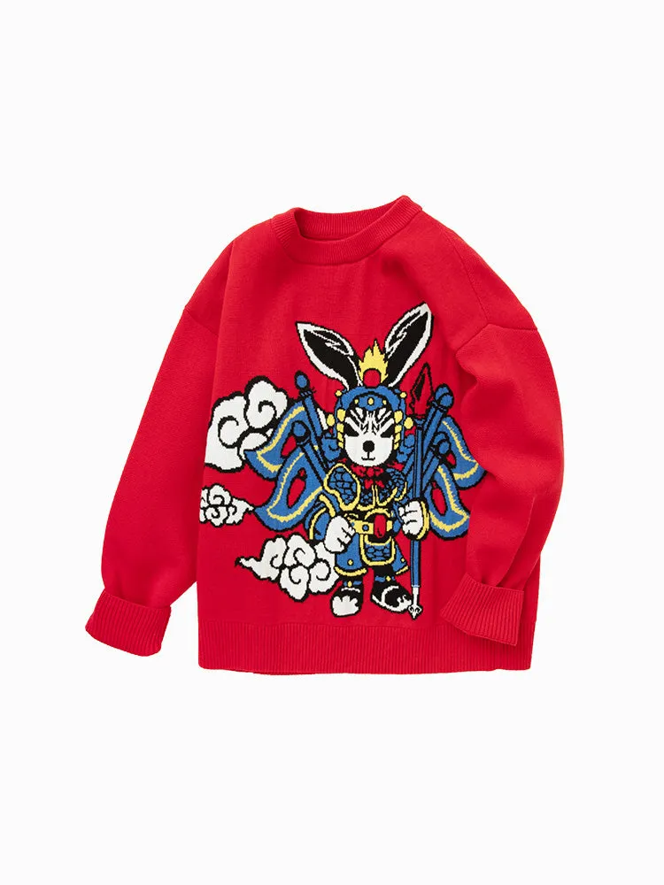 balabala Kids Boy 100% Cotton Red Rabbit Propitious Clouds Crew Neck Jumper 7-14 Years