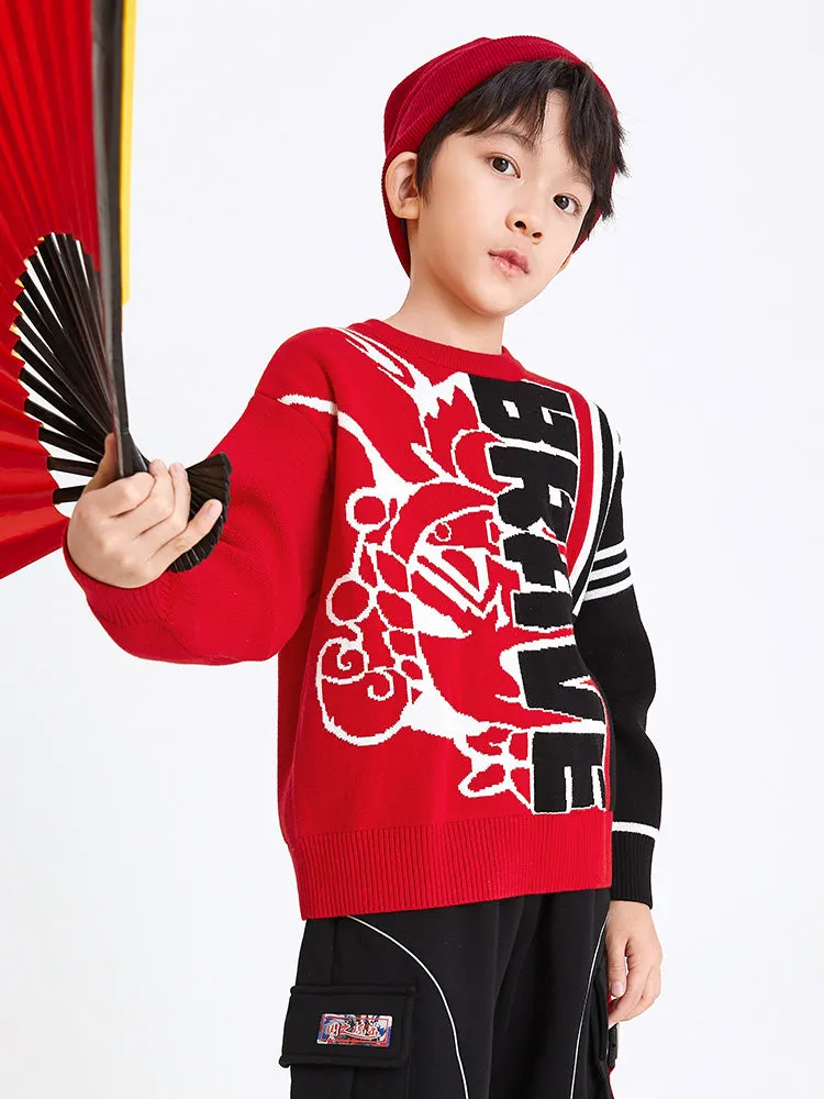 balabala Kids Boy 100% Cotton Red Rabbit Propitious Clouds Crew Neck Jumper 7-14 Years
