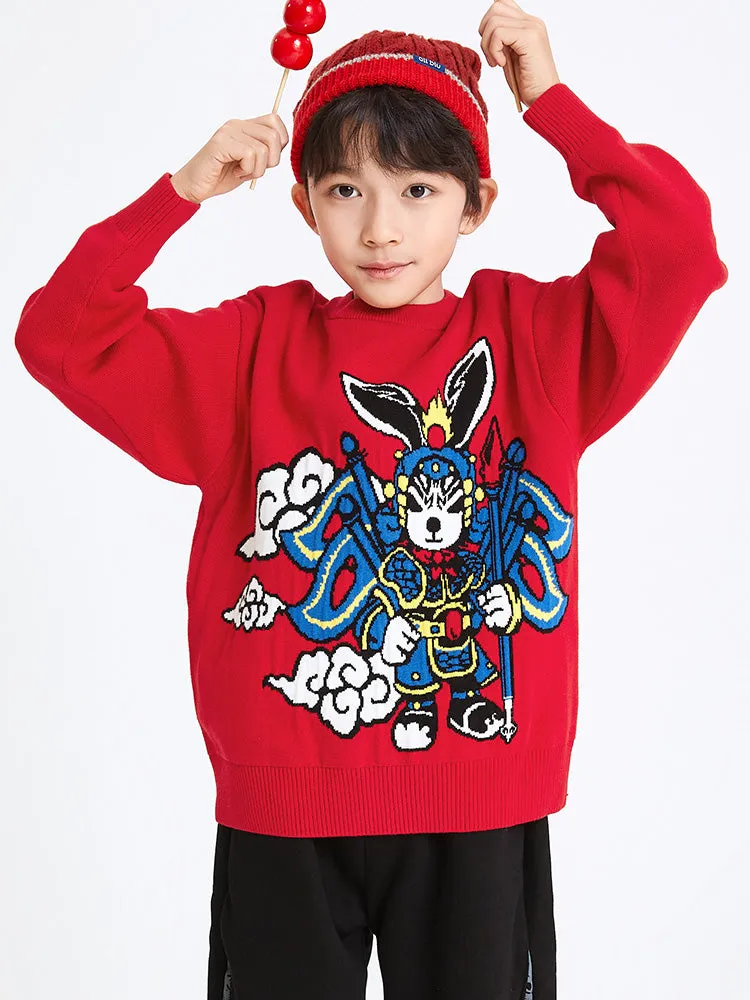 balabala Kids Boy 100% Cotton Red Rabbit Propitious Clouds Crew Neck Jumper 7-14 Years