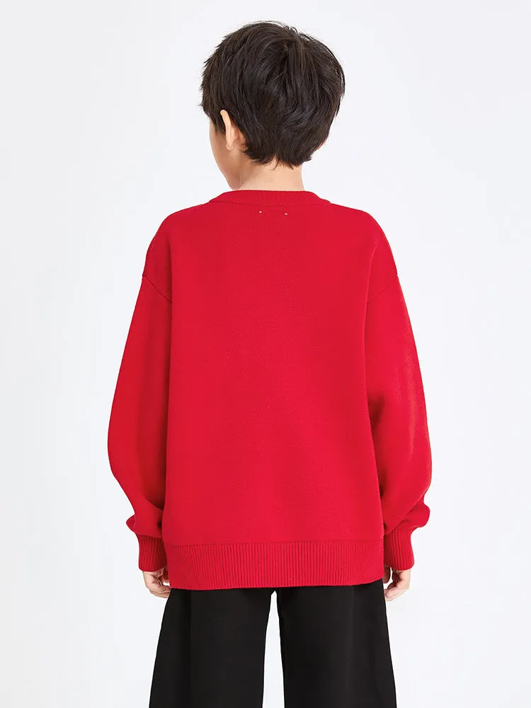 balabala Kids Boy 100% Cotton Red Rabbit Propitious Clouds Crew Neck Jumper 7-14 Years