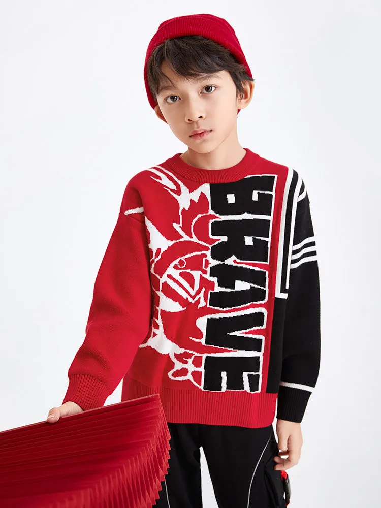 balabala Kids Boy 100% Cotton Red Rabbit Propitious Clouds Crew Neck Jumper 7-14 Years