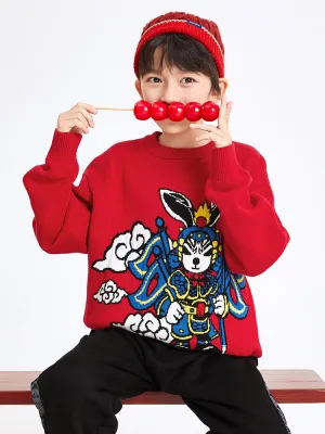 balabala Kids Boy 100% Cotton Red Rabbit Propitious Clouds Crew Neck Jumper 7-14 Years