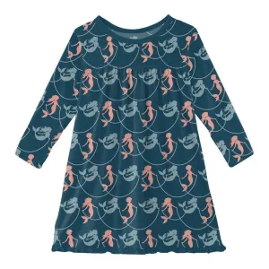 Bamboo Classic Long Sleeve Swing Dress - Peacock Mermaids & Pearls