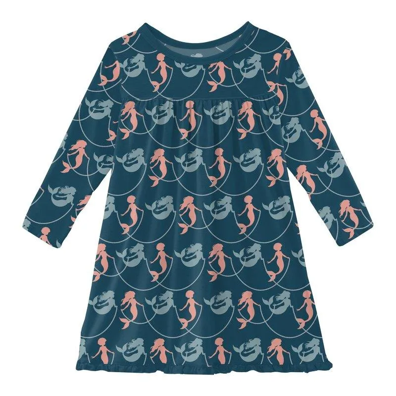 Bamboo Classic Long Sleeve Swing Dress - Peacock Mermaids & Pearls