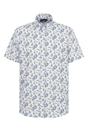 Boat Print Cotton Shirt - Light Blue