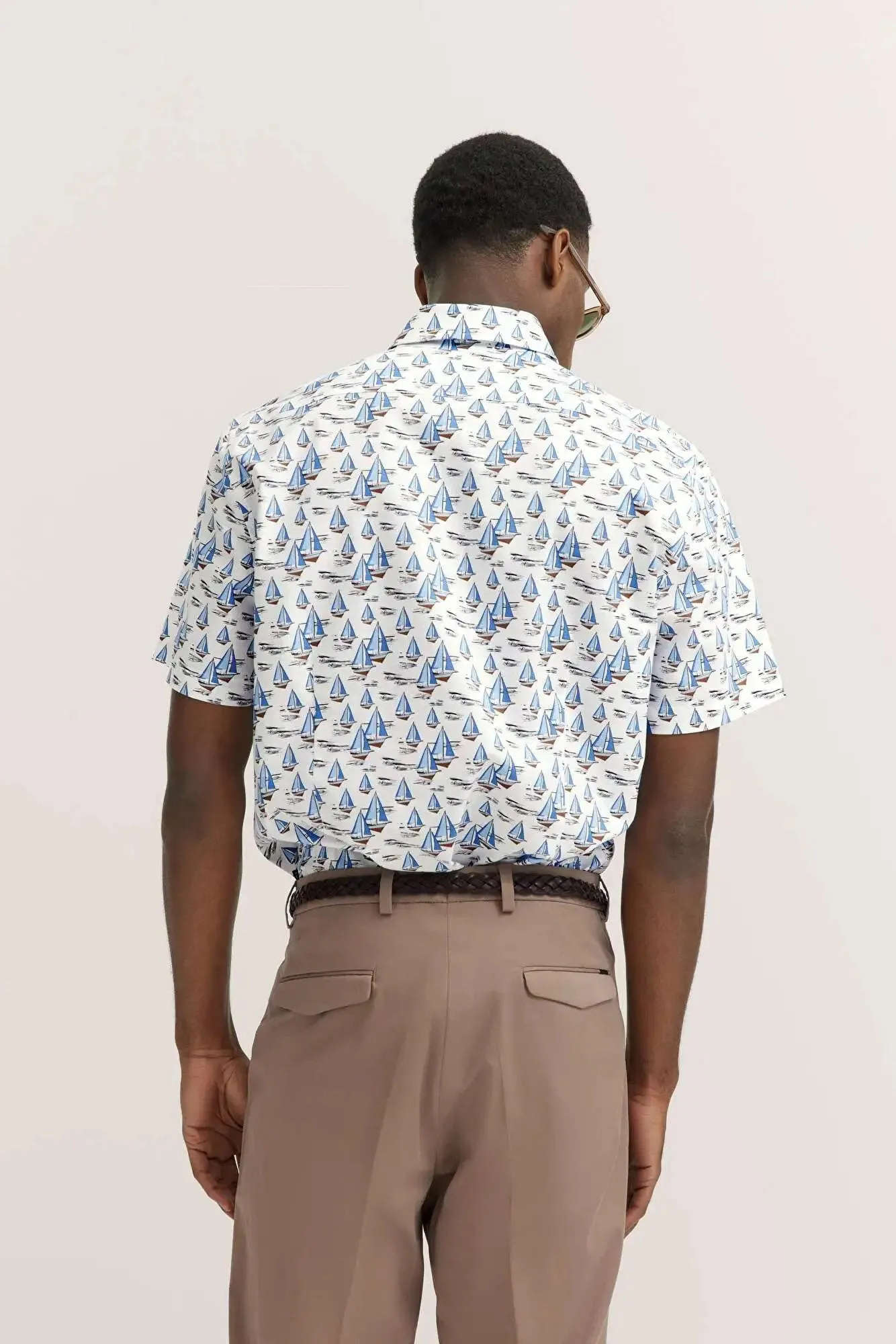Boat Print Cotton Shirt - Light Blue