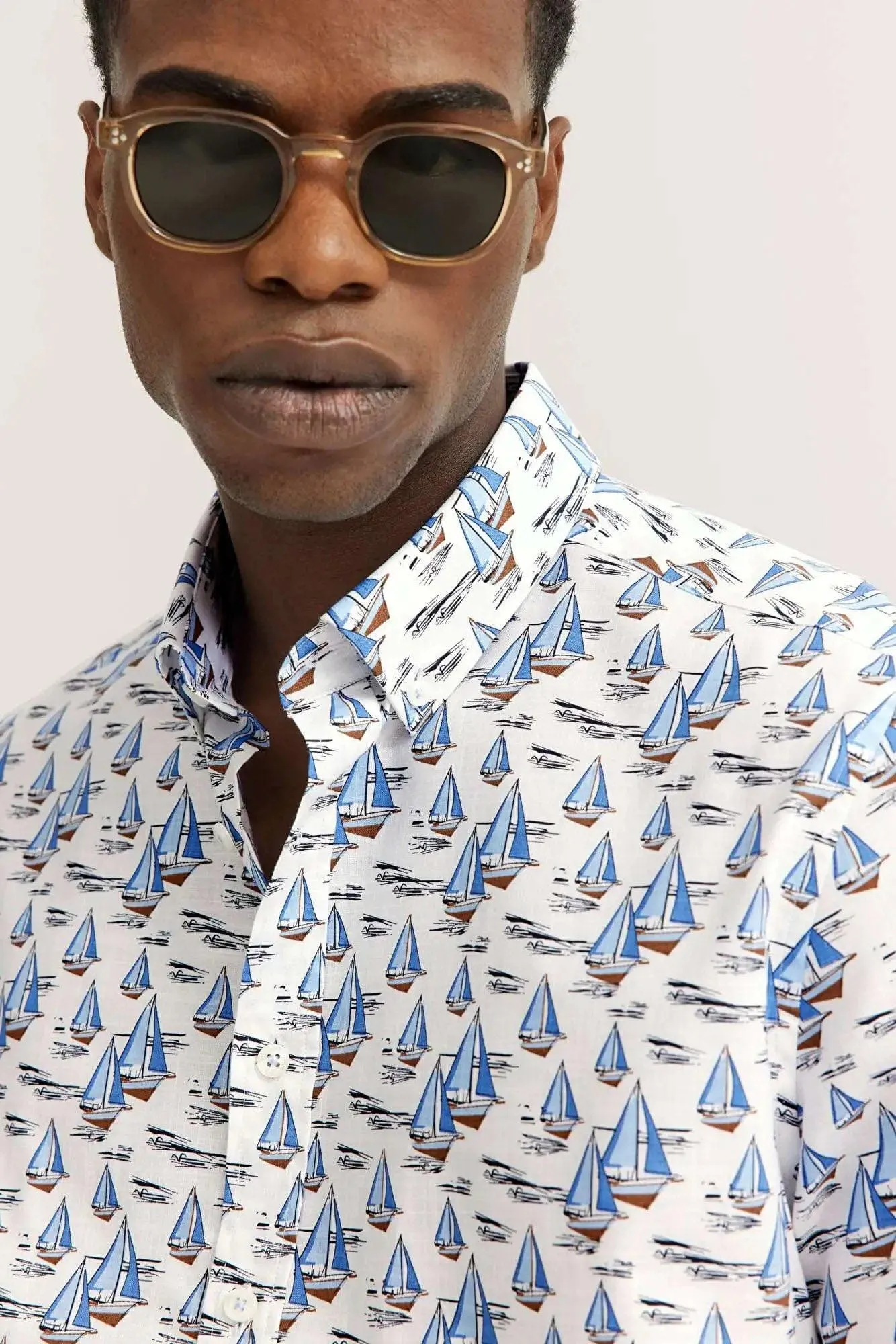 Boat Print Cotton Shirt - Light Blue