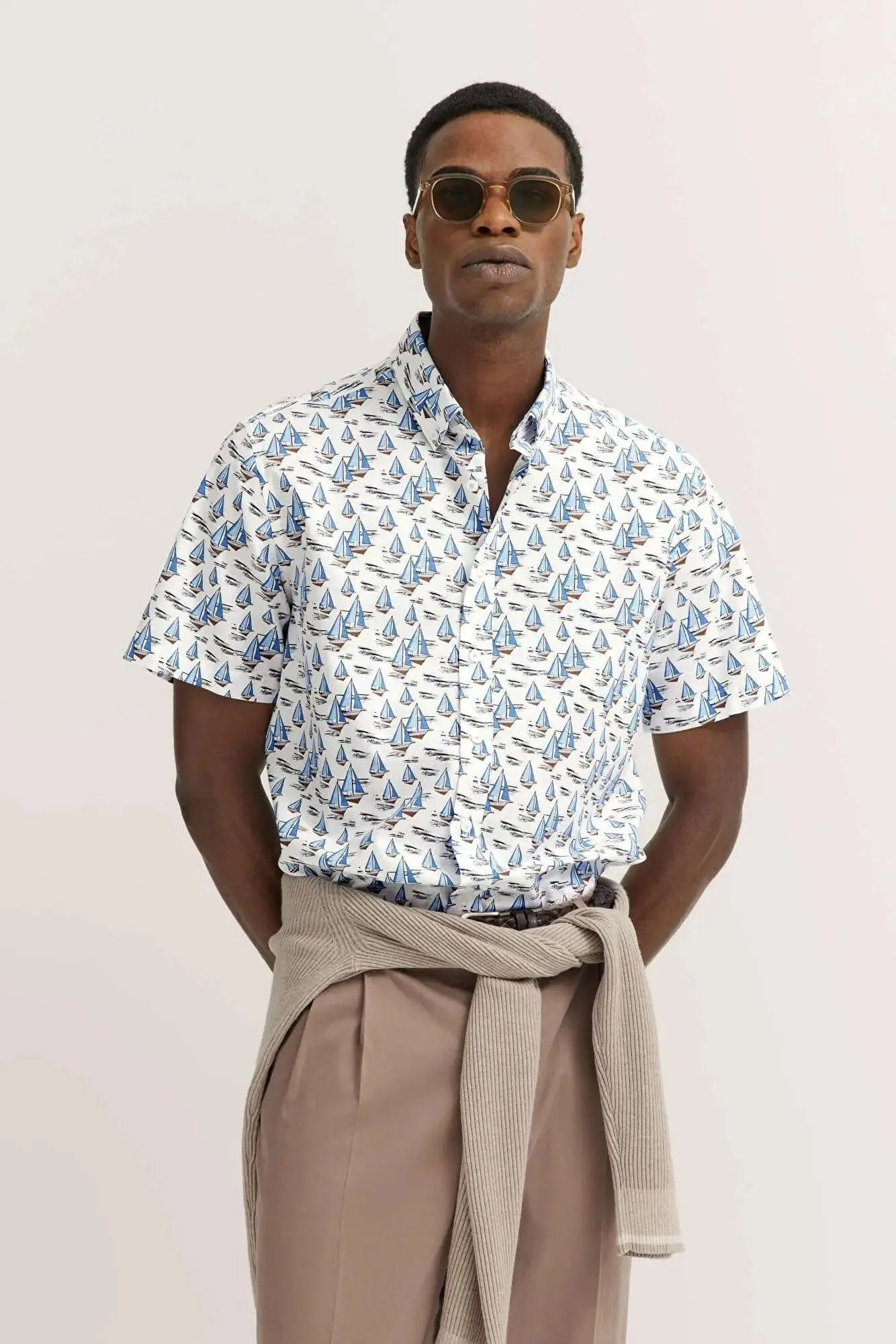 Boat Print Cotton Shirt - Light Blue