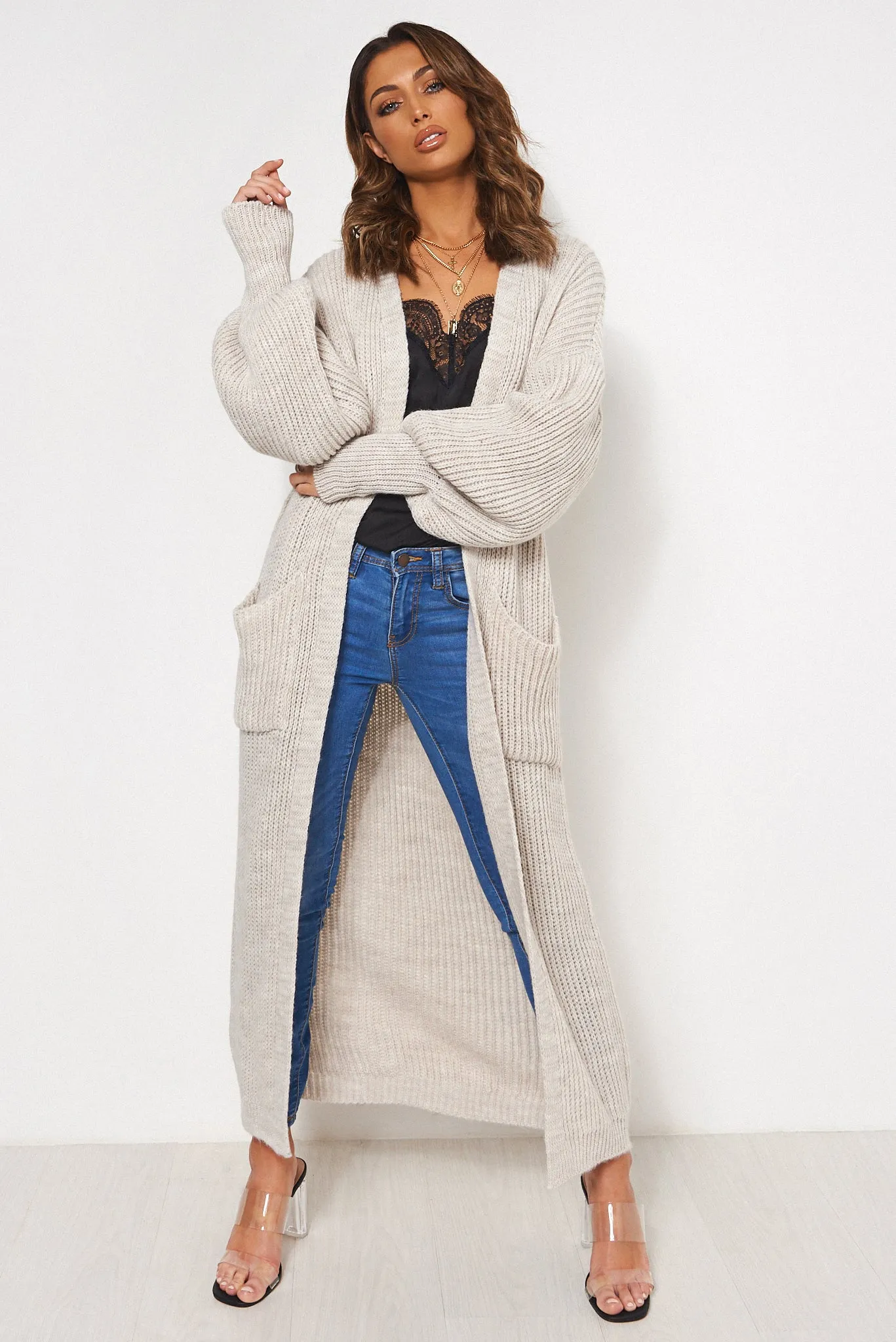 Bren Beige Oversized Balloon Sleeve Long Maxi Cardigan