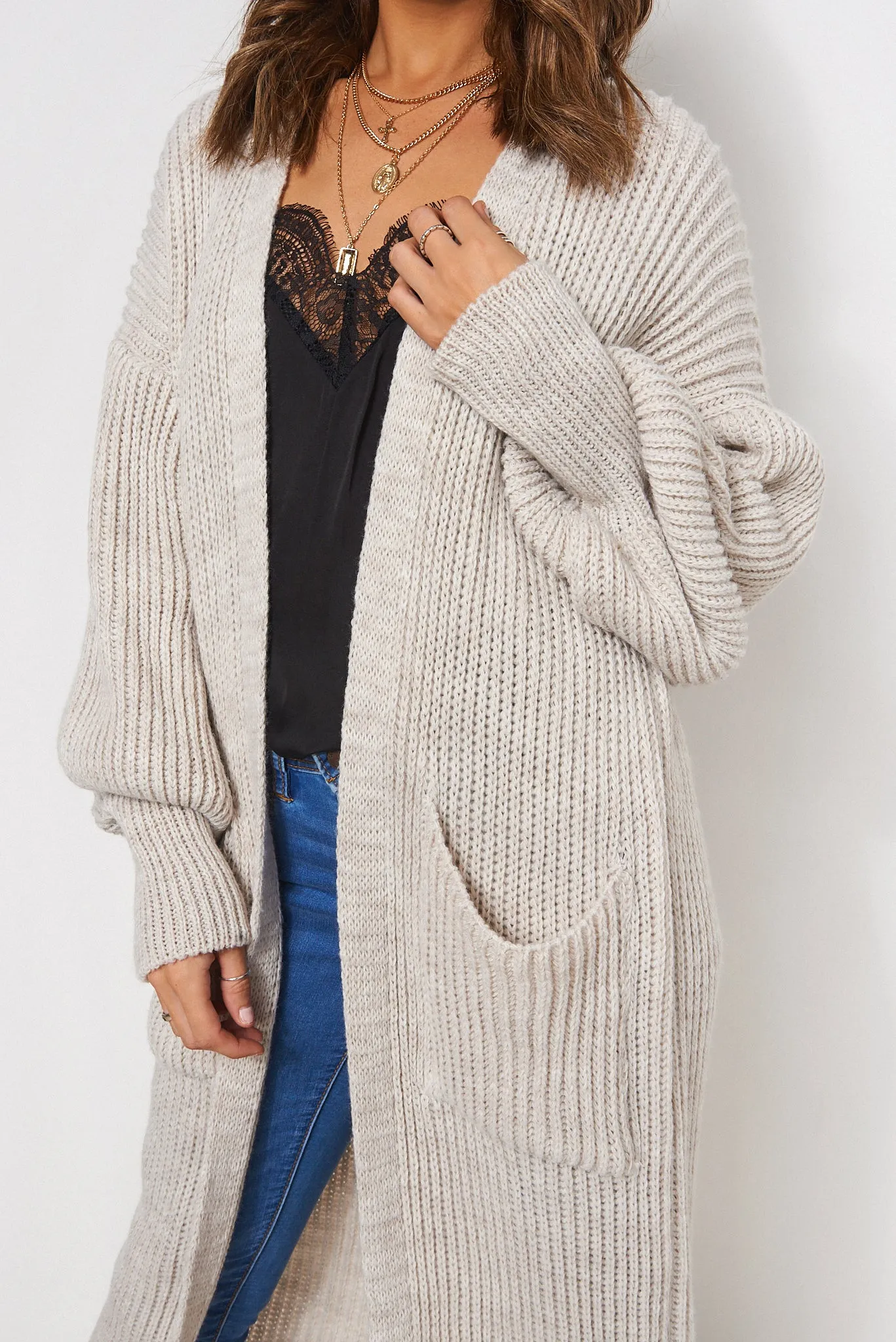 Bren Beige Oversized Balloon Sleeve Long Maxi Cardigan