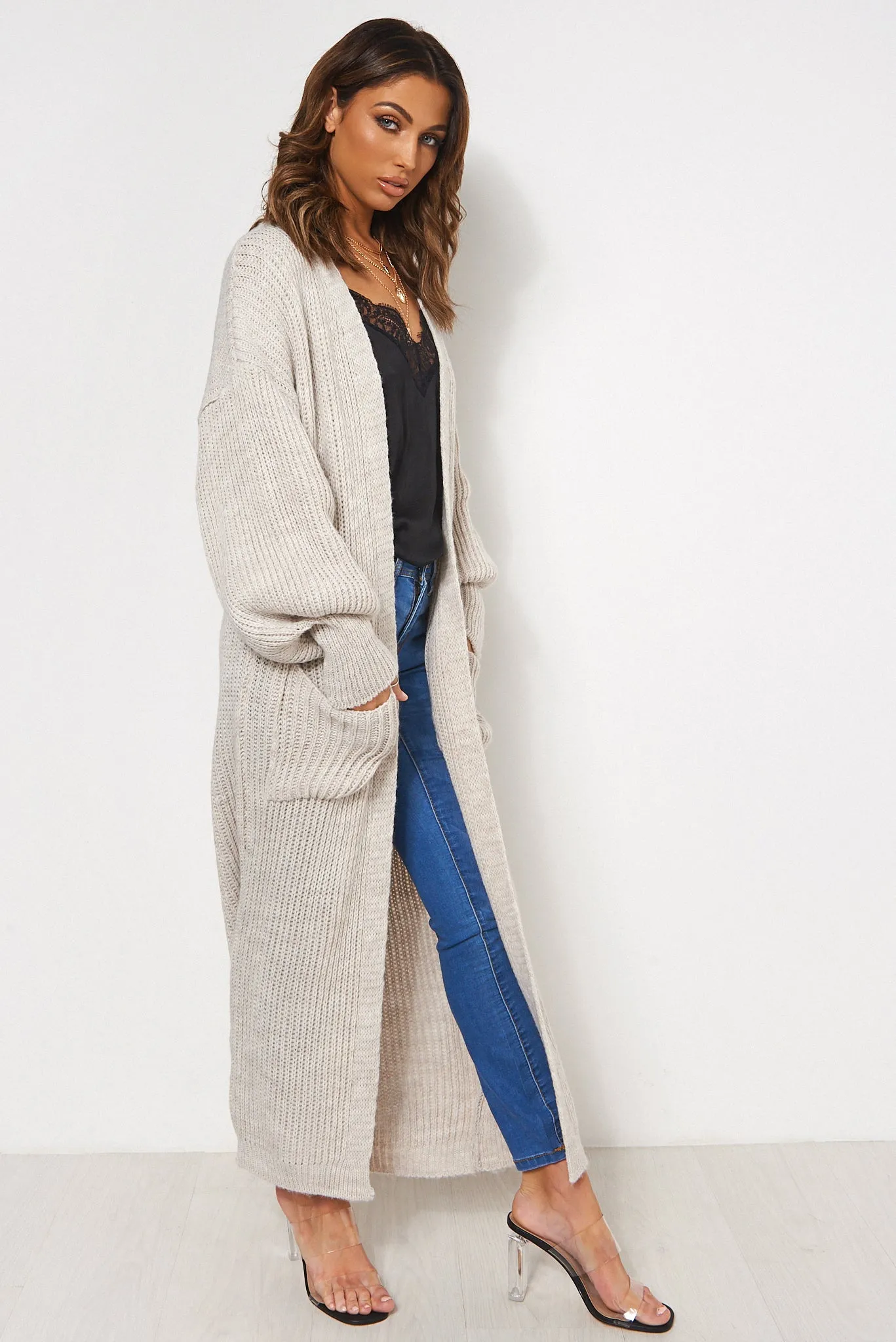 Bren Beige Oversized Balloon Sleeve Long Maxi Cardigan