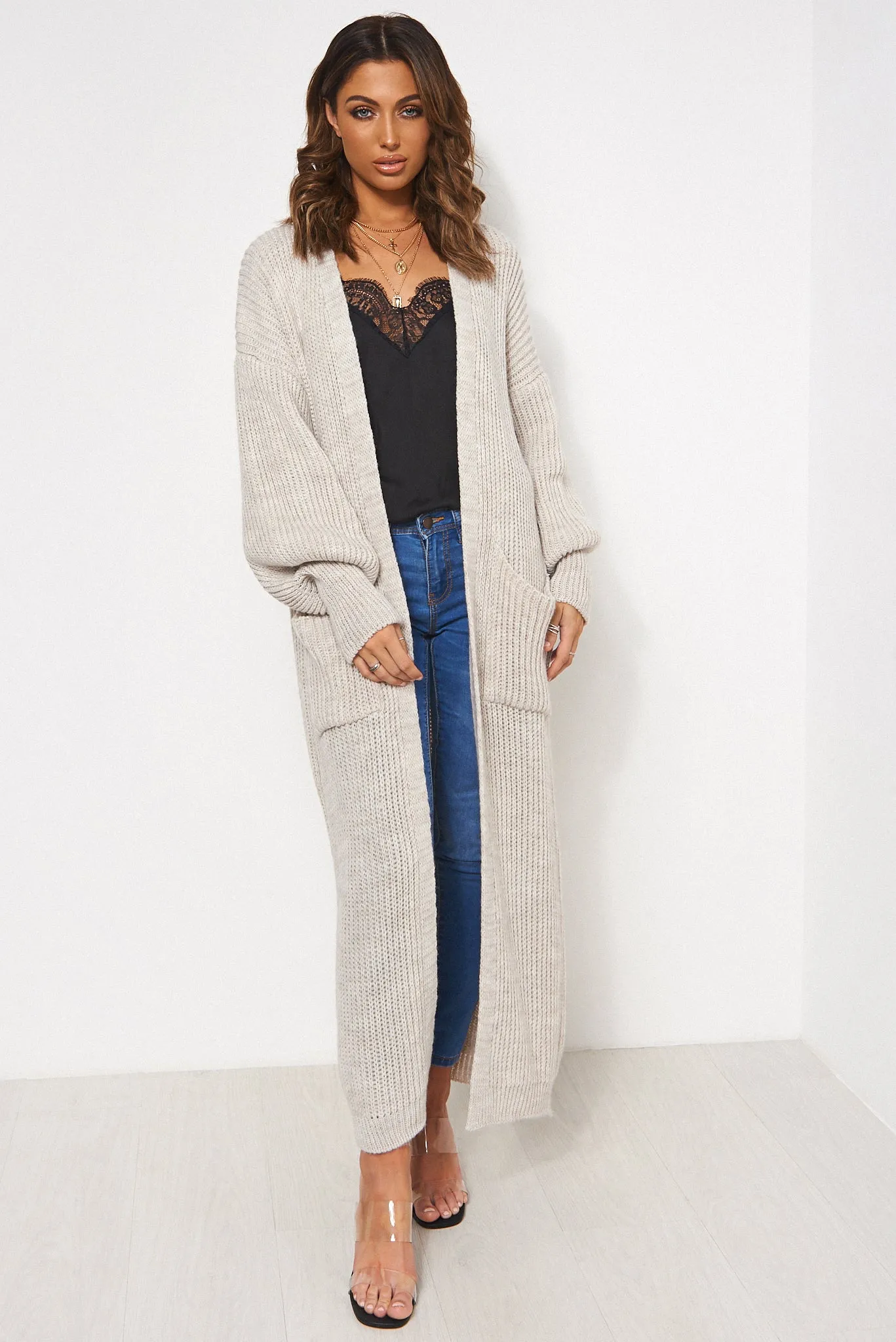 Bren Beige Oversized Balloon Sleeve Long Maxi Cardigan