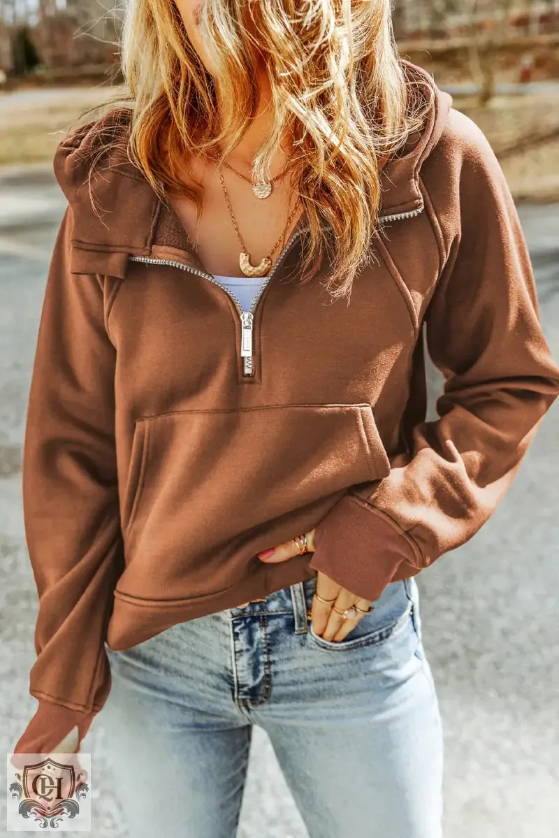 Brown Quarter Zip Kangaroo Pocket Hoodie