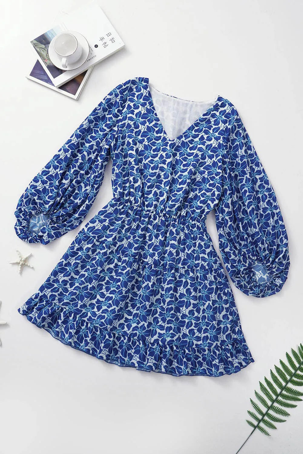 Chic Blue V-Neck Lantern Sleeves Floral Tunic Dress