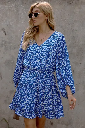 Chic Blue V-Neck Lantern Sleeves Floral Tunic Dress