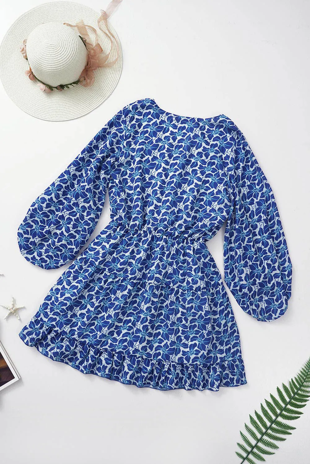 Chic Blue V-Neck Lantern Sleeves Floral Tunic Dress