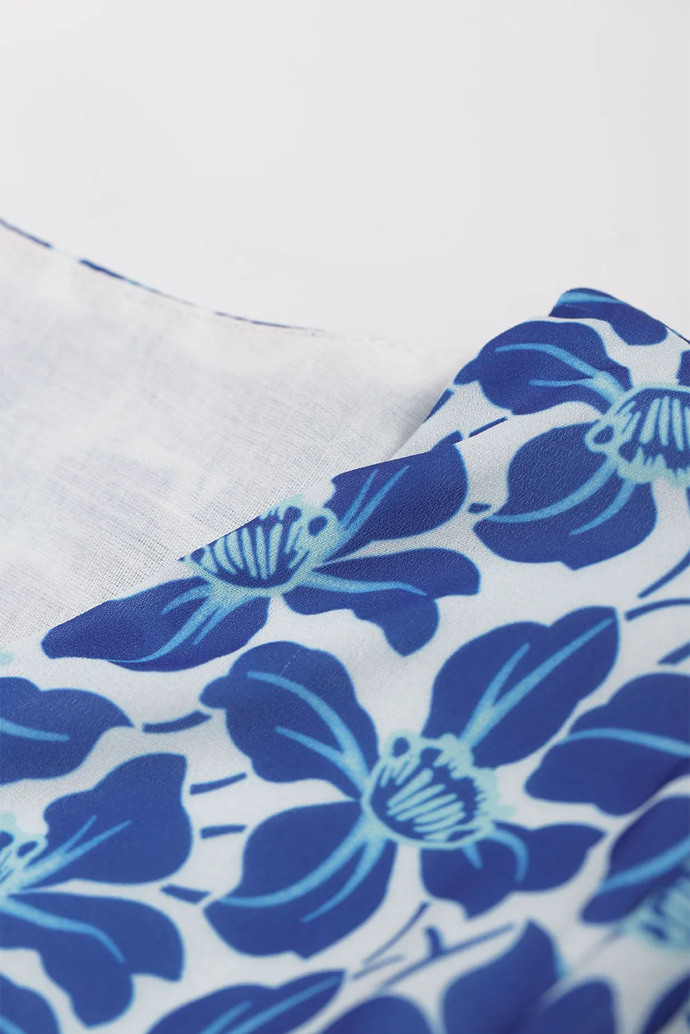 Chic Blue V-Neck Lantern Sleeves Floral Tunic Dress