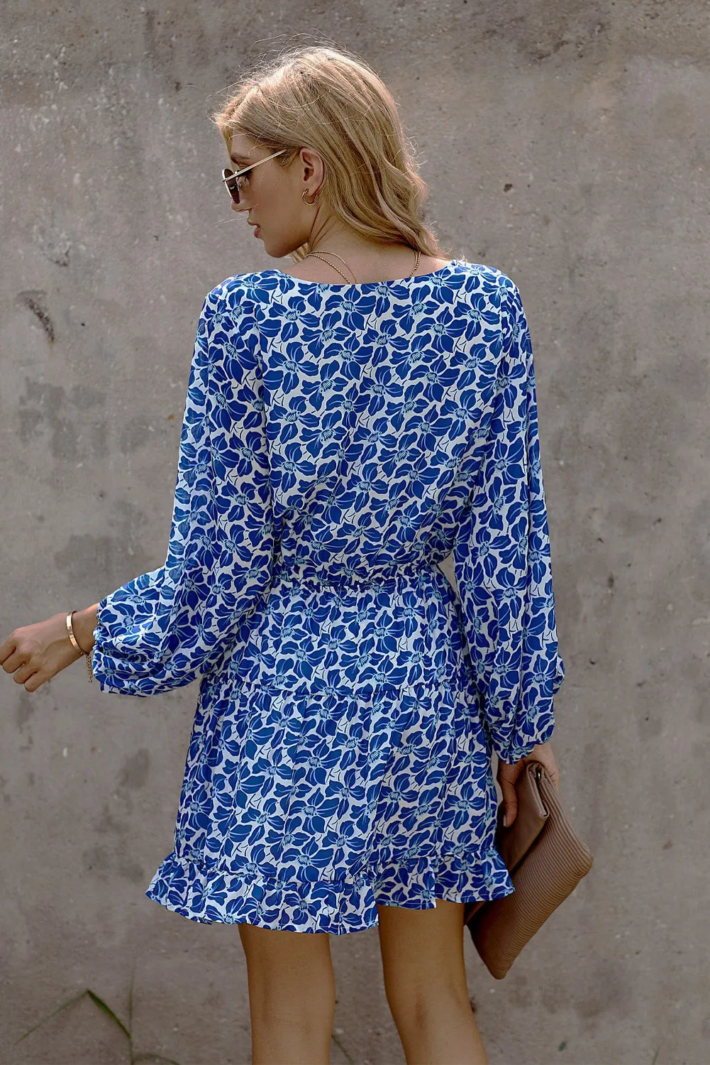 Chic Blue V-Neck Lantern Sleeves Floral Tunic Dress