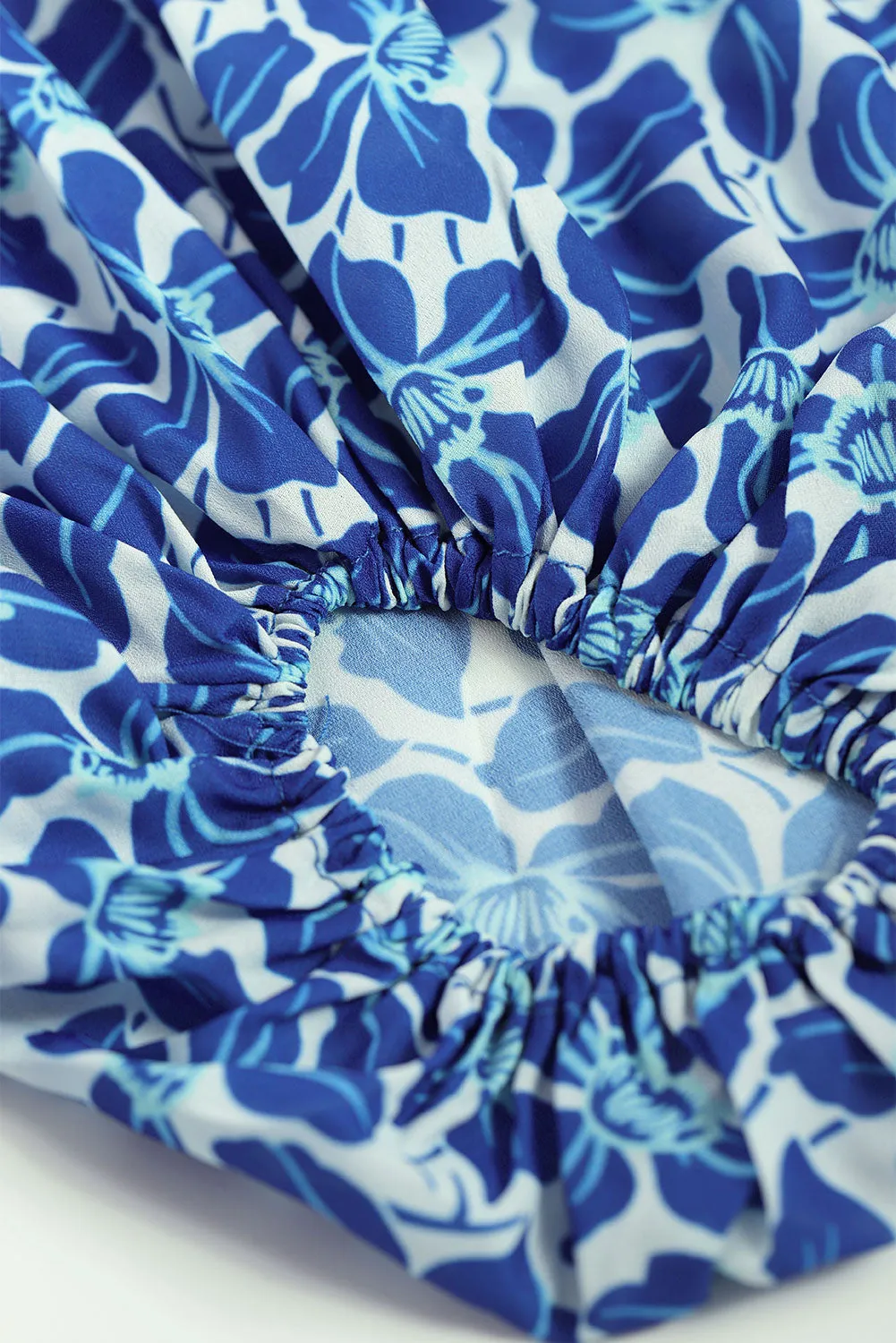 Chic Blue V-Neck Lantern Sleeves Floral Tunic Dress