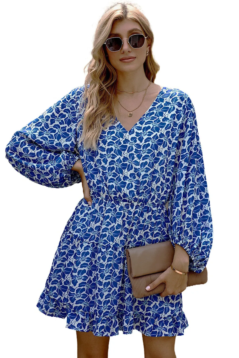 Chic Blue V-Neck Lantern Sleeves Floral Tunic Dress