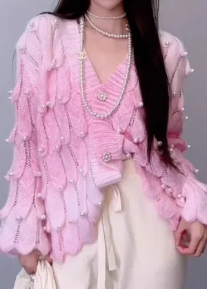 Chic Pink Tie Dye V Neck Nail Bead Patchwork Knit Cardigan Fall ML2559
