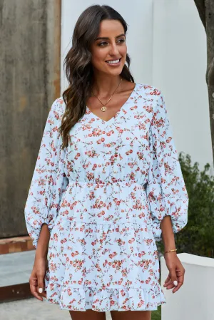 Chic Sky Blue V-Neck Lantern Sleeves Floral Tunic Dress