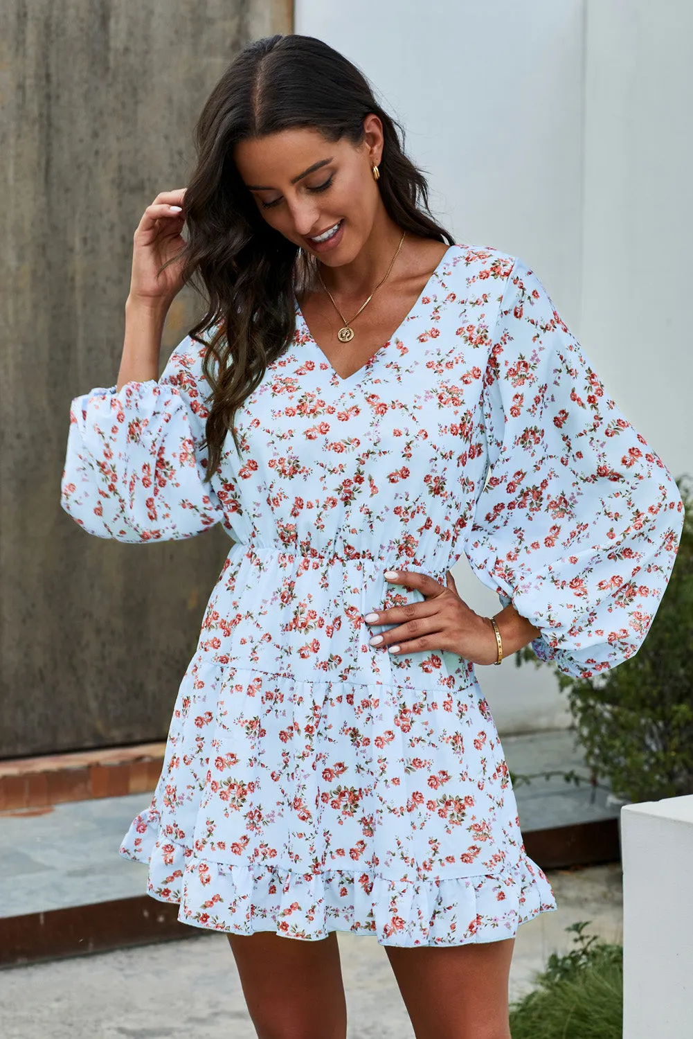 Chic Sky Blue V-Neck Lantern Sleeves Floral Tunic Dress