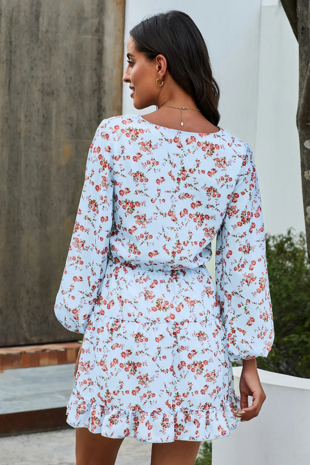 Chic Sky Blue V-Neck Lantern Sleeves Floral Tunic Dress
