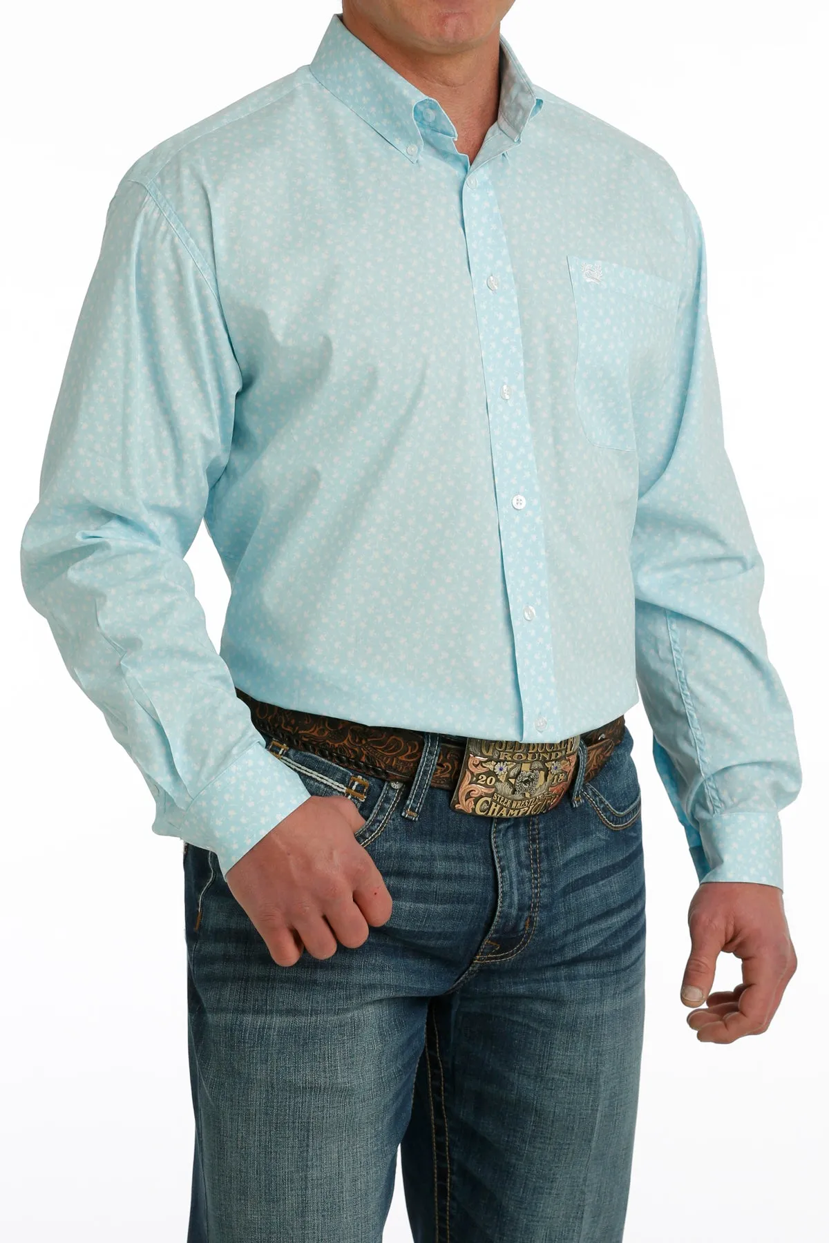 Cinch Men's L/S Classic Fit Floral Western Button Down Shirt in Light Blue