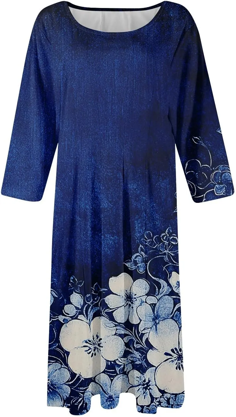 Dress for Women 3/4 Sleeve Spring Wrap Dress Empire Waist Floral Fitted Dress Summer Cute Flowy Dresses with Pocket