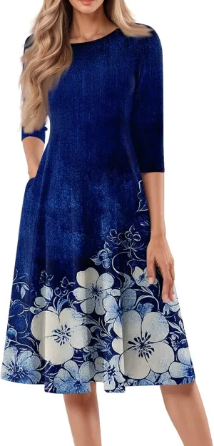 Dress for Women 3/4 Sleeve Spring Wrap Dress Empire Waist Floral Fitted Dress Summer Cute Flowy Dresses with Pocket