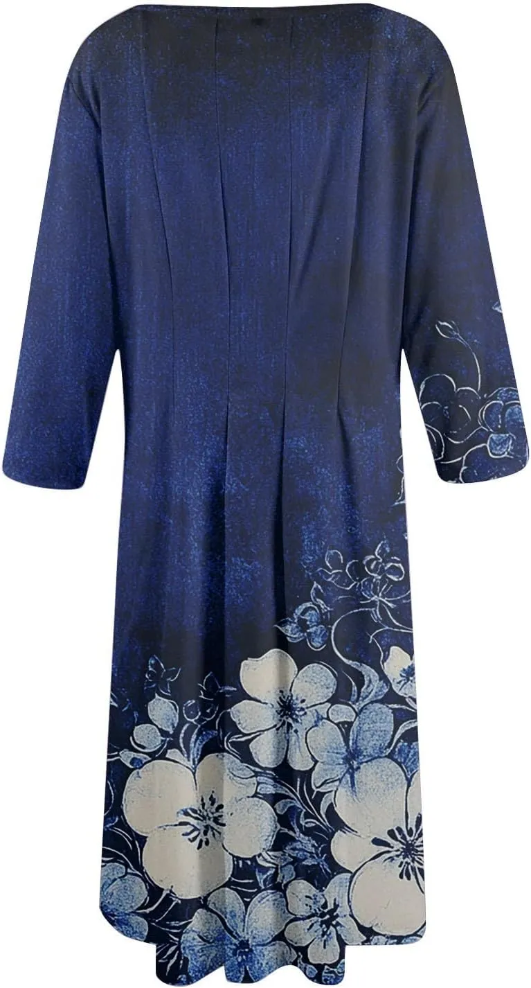 Dress for Women 3/4 Sleeve Spring Wrap Dress Empire Waist Floral Fitted Dress Summer Cute Flowy Dresses with Pocket