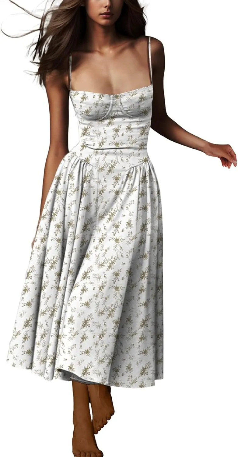 Dresses for Women Elegant Spaghetti Strap Midi Dress Pleated Low Cut Bustier Off Shoulder Dresses