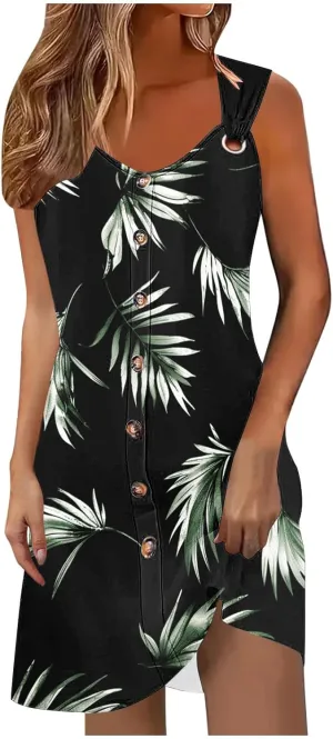 Floral Dress for Women Casual Button Trim Sleeveless V Neck Mini Sundress O-Ring Straps Cover Ups Beach Tank Dresses
