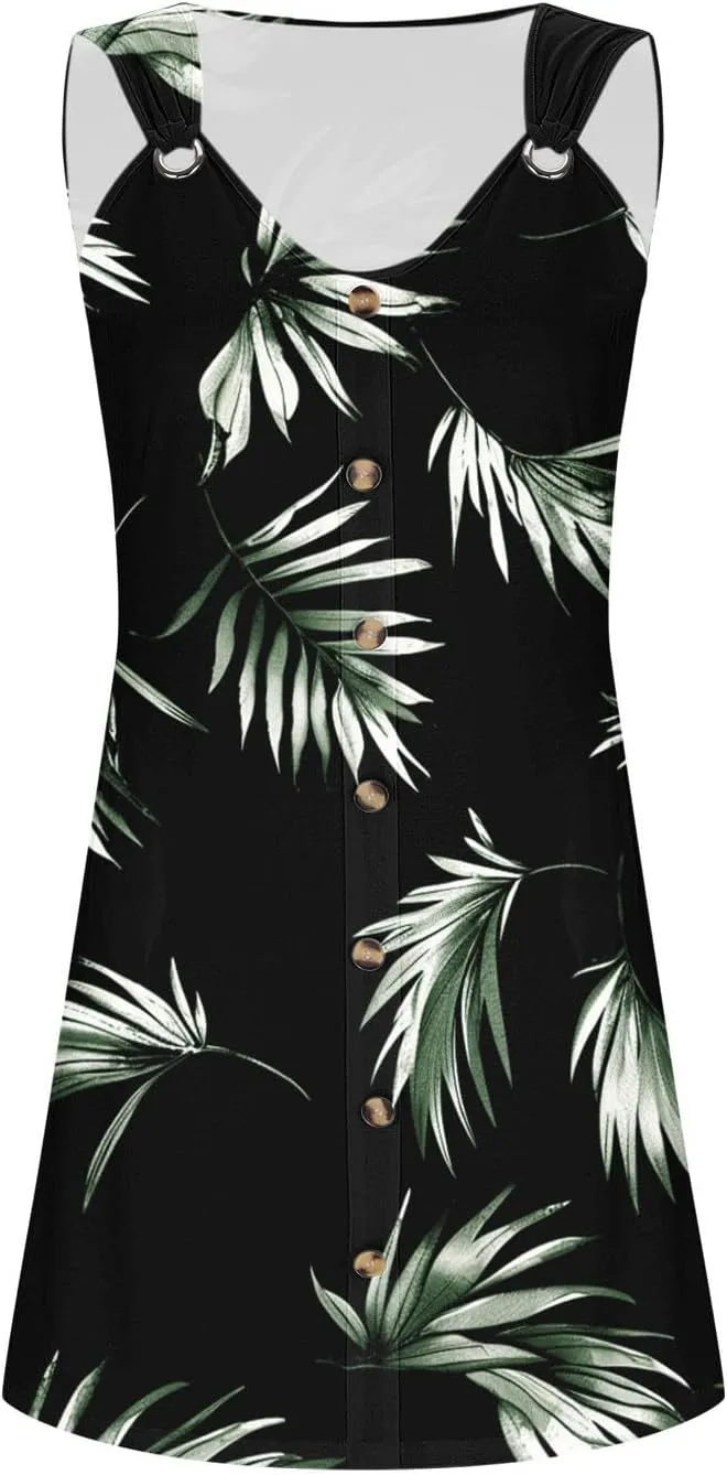 Floral Dress for Women Casual Button Trim Sleeveless V Neck Mini Sundress O-Ring Straps Cover Ups Beach Tank Dresses