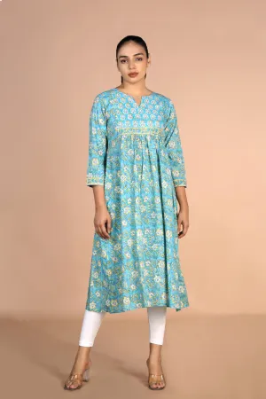 Floral sky blue Sanganeri handblock printed cotton Kurti